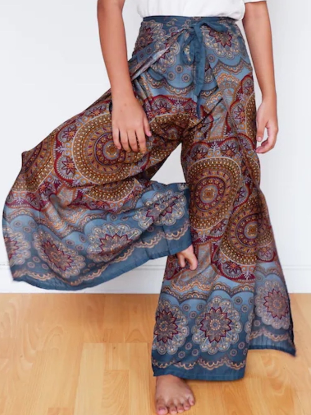 Wide-Leg Boho Print Mandala Wrap Pants - Blue & Brown